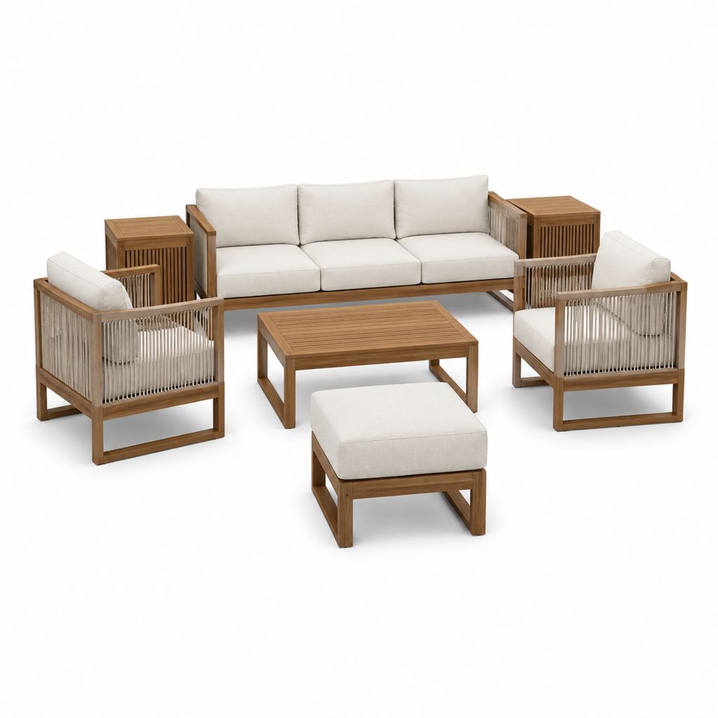 7-teiliges Gartensofa-Set Beige aus Akazienholz mit Polypropylen-Seilgeflecht rechteckig 210 x 82 x 76 cm