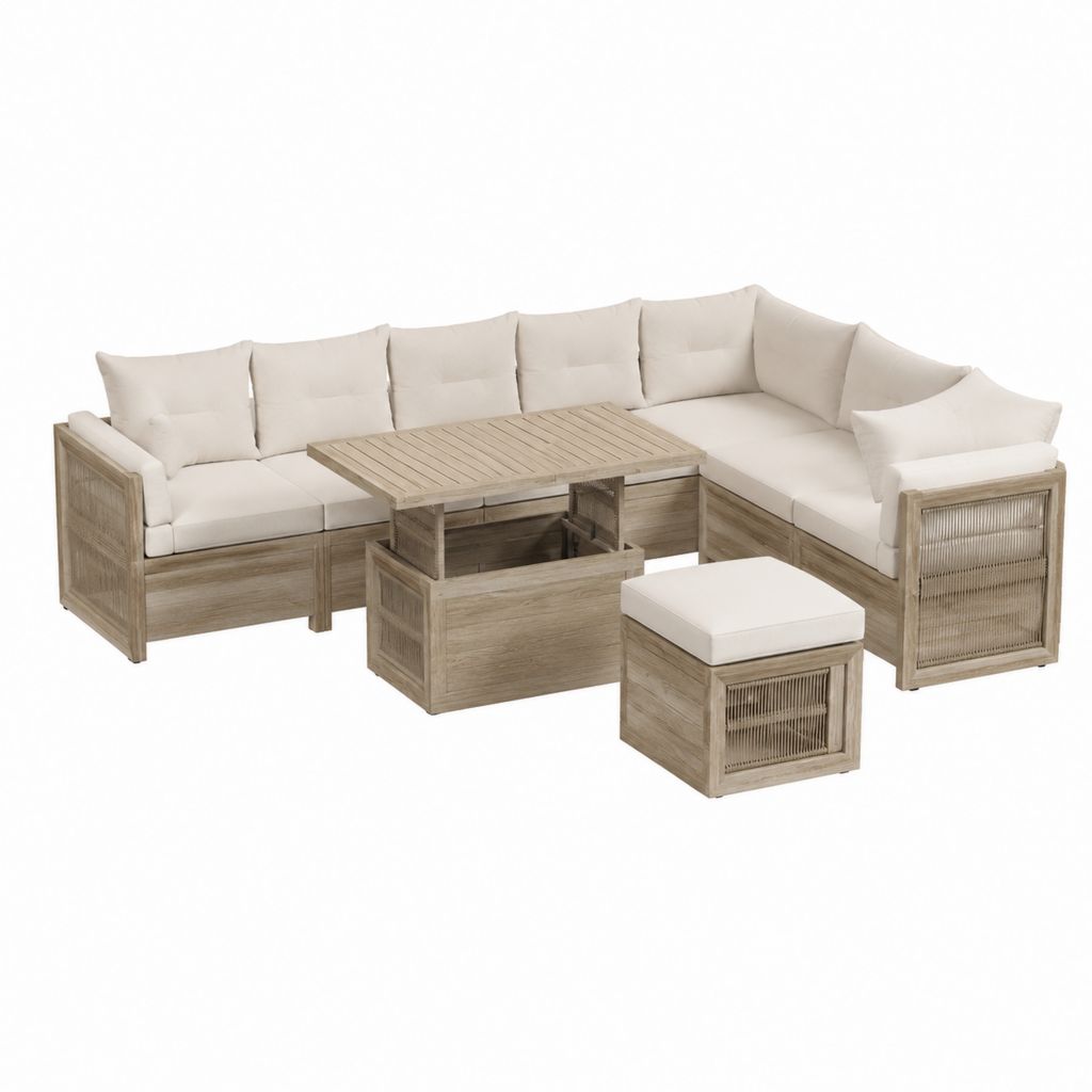 Gartenlounge Set aus Massivholz in Naturbeige mit L-Form Sofa höhenverstellbarem Tisch und Hocker 245 x 245 cm