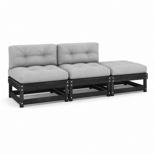 3-teiliges Gartensofa Set Grau Schwarz aus massivem Kiefernholz mit Polyesterkissen 180 x 60 x 60 cm