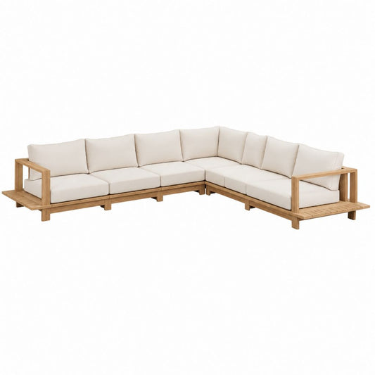 5-Sitzer Gartenlounge Ecksofa Beige aus massivem Akazienholz mit Polyesterkissen 320 x 230 x 75 cm