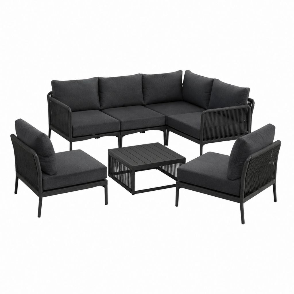 Gartenlounge-Set 5-teilig Schwarz Stahl Polypropylen L-Form mit Tisch 232 x 75 x 70 cm
