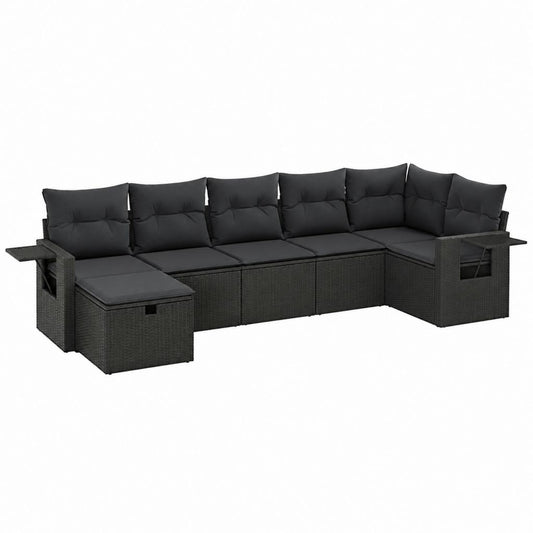 7-teiliges Gartenlounge Set Schwarz Polyrattan L-Form mit Auflagen 70 x 70 cm