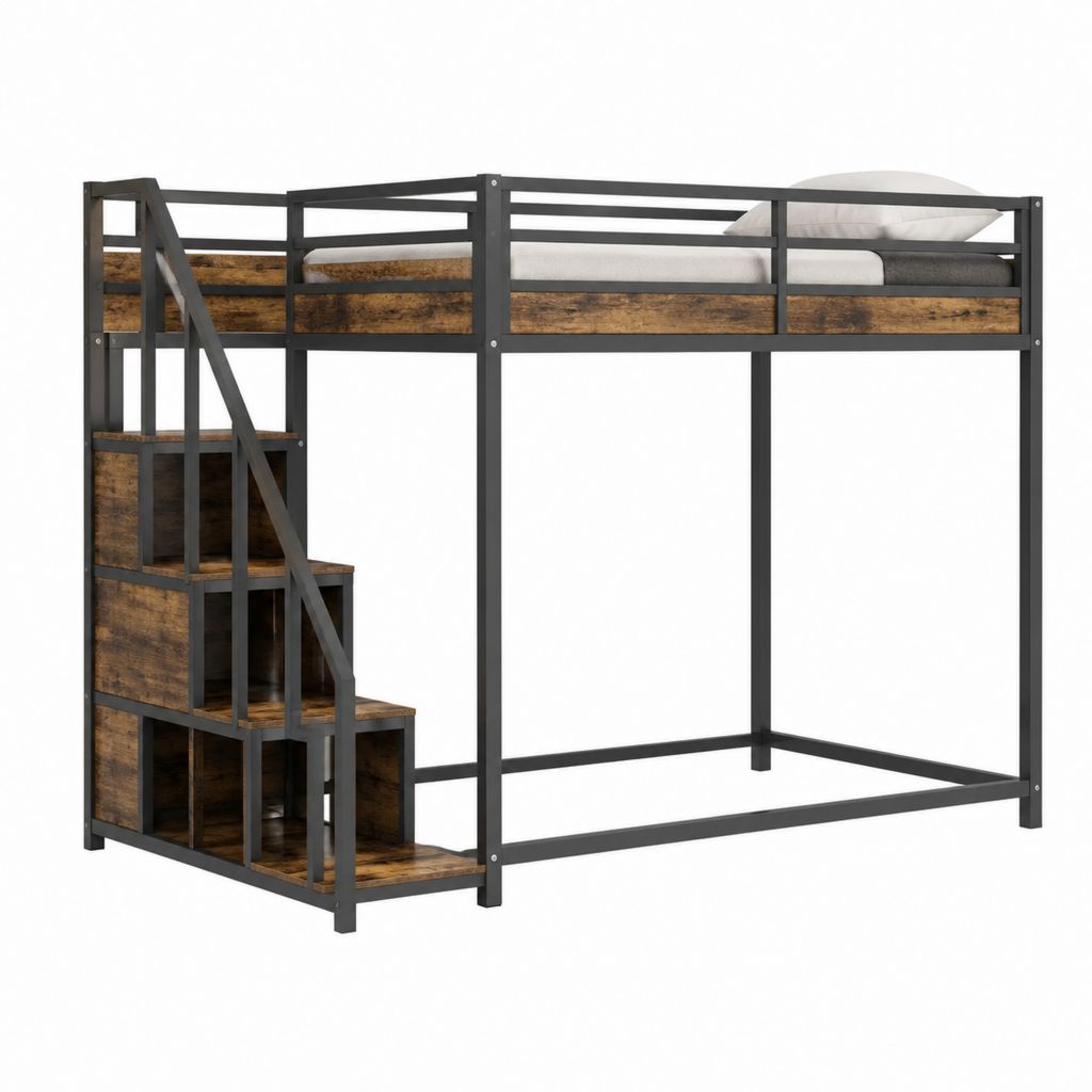 Hochbett 90 x 200 cm mit Treppe und Regalen Schwarz Braun Stahl Spanplatte