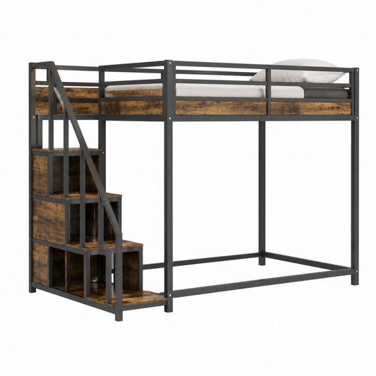 Hochbett 90 x 200 cm mit Treppe und Regalen Schwarz Braun Stahl Spanplatte