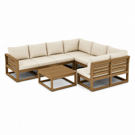 Gartenlounge Set Ecksofa aus Akazien-Massivholz mit cremefarbenen Polyesterkissen und quadratischem Tisch 232 x 232 cm