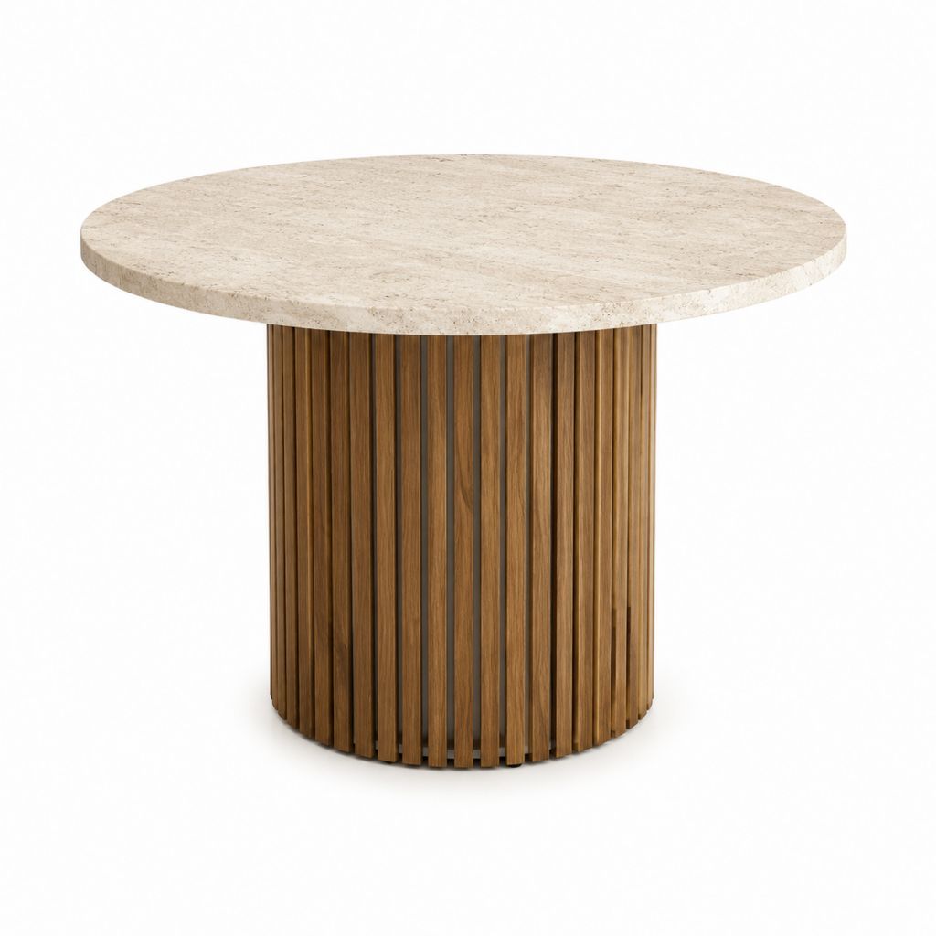 Runder Esstisch Beige Travertin und Walnussholz Ø 120 cm Höhe 75 cm
