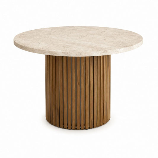 Runder Esstisch Beige Travertin und Walnussholz Ø 120 cm Höhe 75 cm
