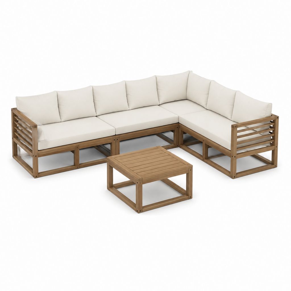 Gartenlounge Ecksofa Set Beige aus Akazien-Massivholz mit Couchtisch 220 x 220 x 75 cm