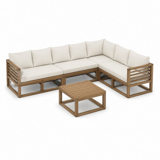 Gartenlounge Ecksofa Set Beige aus Akazien-Massivholz mit Couchtisch 220 x 220 x 75 cm