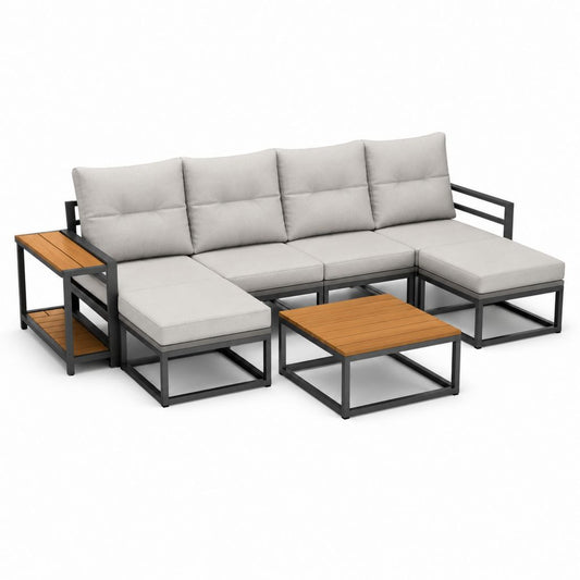 Gartenlounge Set L-förmig Grau Stahl Polyester Akazienholz 270 x 145 x 66 cm