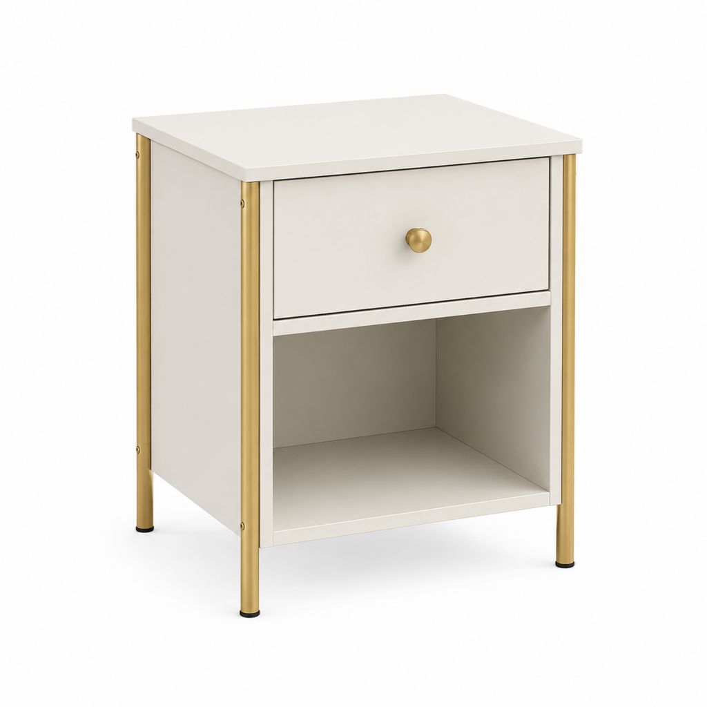 Nachttisch mit Schublade und offenem Fach Weiß Gold MDF Stahl 40 x 40 x 55 cm