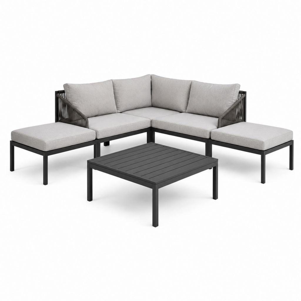 Gartenlounge Set 5-teilig Grau Schwarz Aluminium mit Polyesterkissen Ecksofa Hocker Couchtisch 210 x 210 x 75 cm