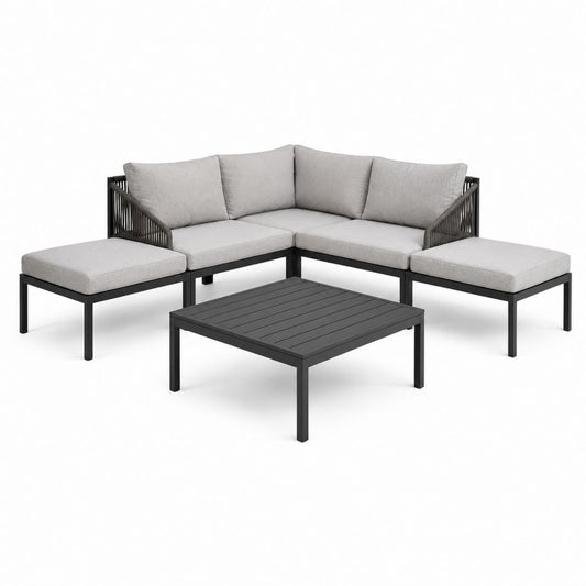 Gartenlounge Set 5-teilig Grau Schwarz Aluminium mit Polyesterkissen Ecksofa Hocker Couchtisch 210 x 210 x 75 cm