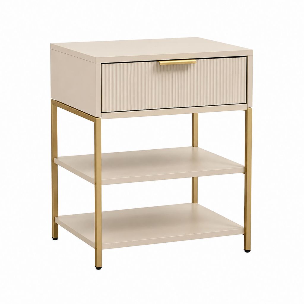 Nachttisch Beige Gold mit Schublade und 2 Ablagen aus MDF und Stahl 50 x 40 x 60 cm