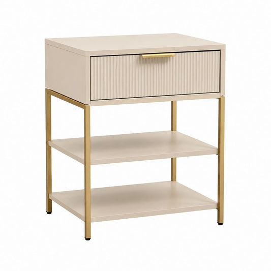 Nachttisch Beige Gold mit Schublade und 2 Ablagen aus MDF und Stahl 50 x 40 x 60 cm