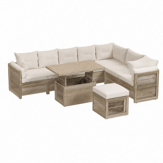 Gartenlounge Set aus Massivholz in Naturbeige mit L-Form Sofa höhenverstellbarem Tisch und Hocker 245 x 245 cm