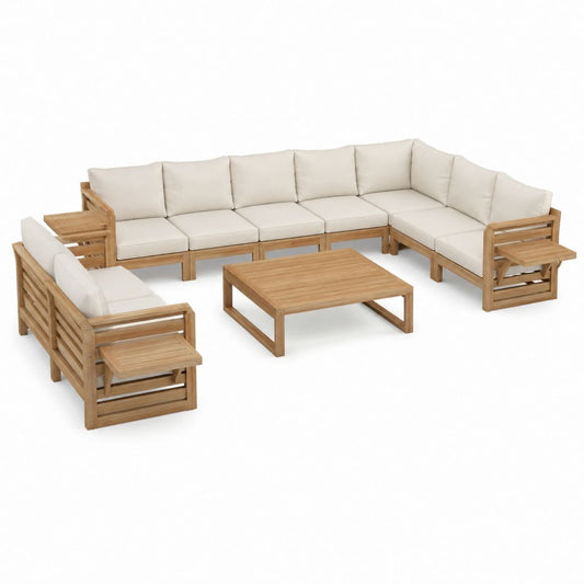 Gartenlounge Set Natur Akazien-Massivholz Creme Polyester L-Form mit Couchtisch 300 x 180 cm